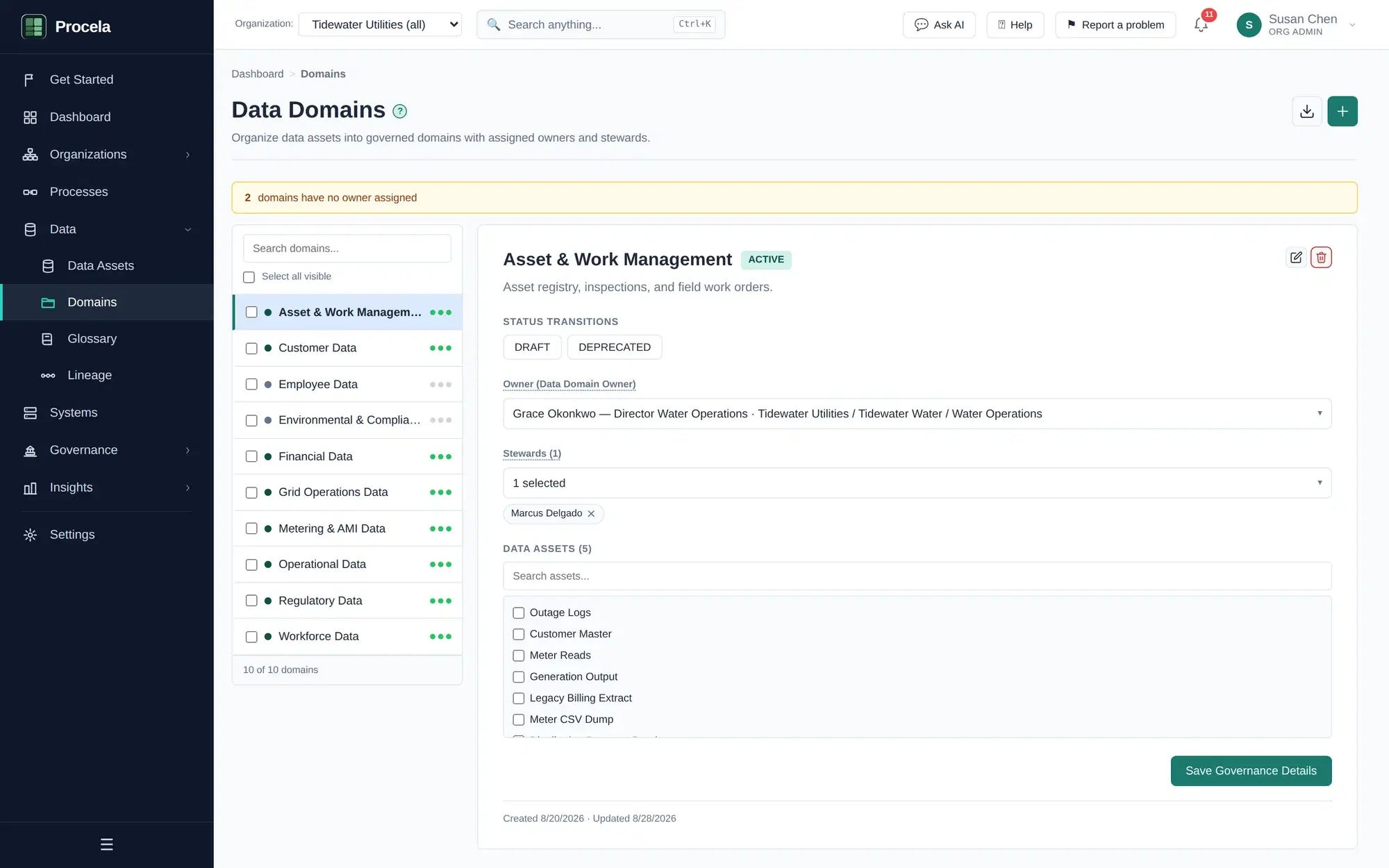 Procela data domains view with a domain list and a detail panel showing owner, stewards, and member data assets.