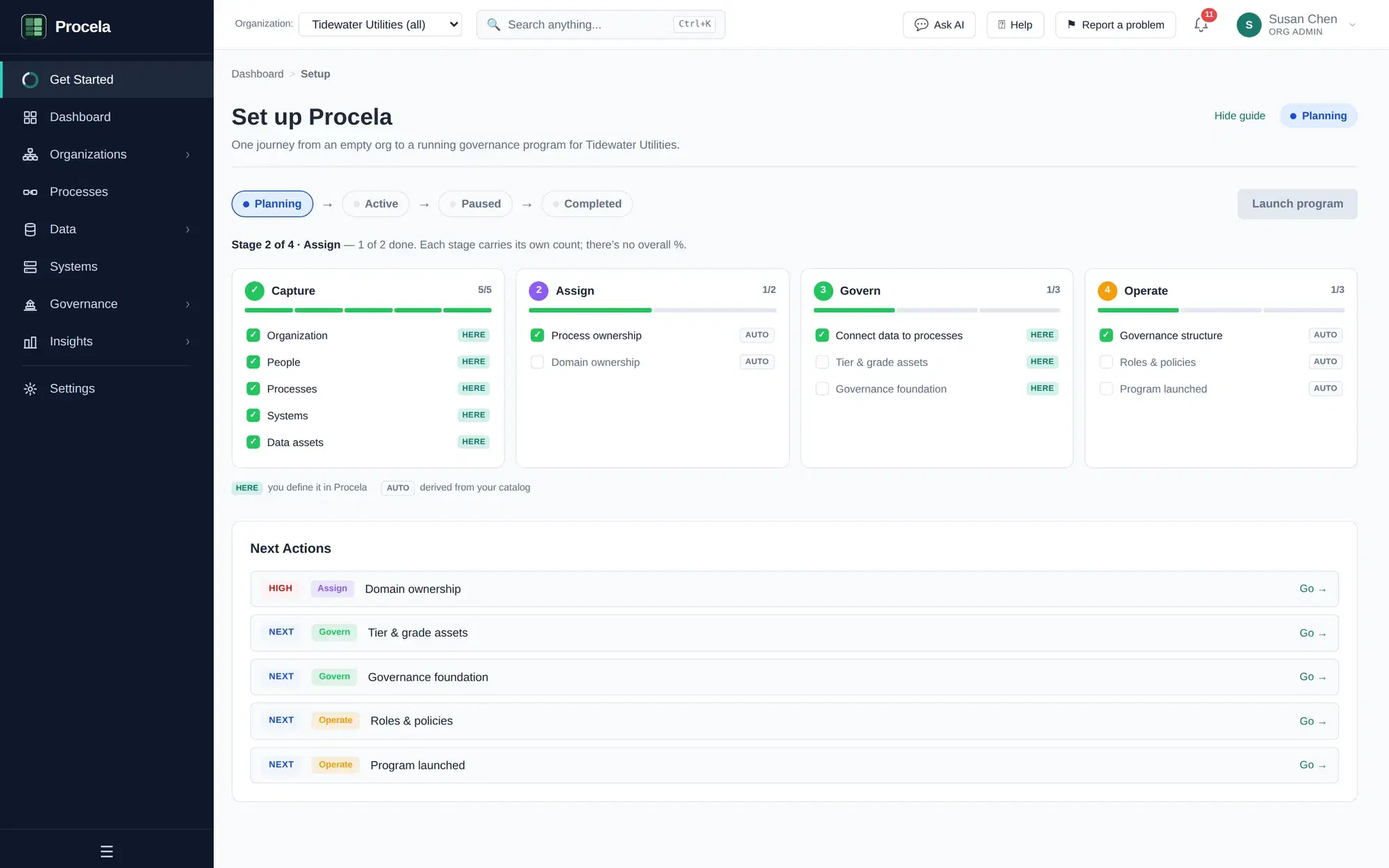 Procela's Set up Procela journey showing four stages — Capture, Assign, Govern, and Operate — with per-stage progress and a prioritized list of next actions.